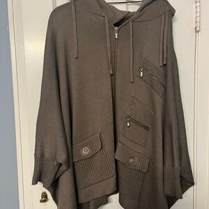 Nanette Leopore Olive Green Hooded Military Oversized Sweater Poncho Silk Knit L